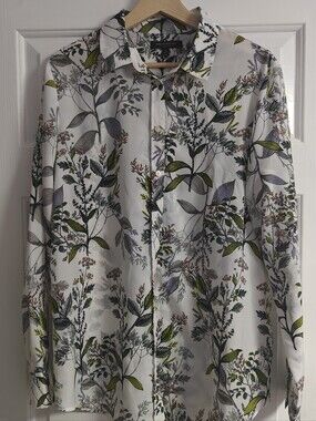 Banana Republic White Botanical Print Button-Down Shirt with Green & Gray Leaves